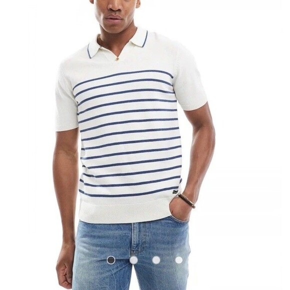 Threadbare Knit Trophy Neck Striped Polo In Acru &Blue Size Medium Preppy - Picture 10 of 10